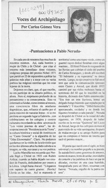 Puntuaciones a Pablo Neruda  [artículo] Carlos Gómez Vera.