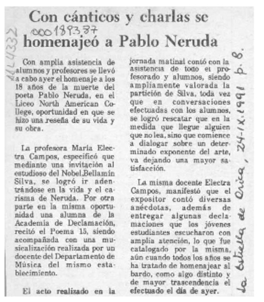 Con cánticos y charlas se homenajeó a Pablo Neruda  [artículo].