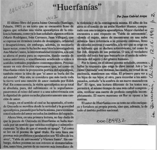 "Huerfanías"  [artículo] Juan Gabriel Araya.