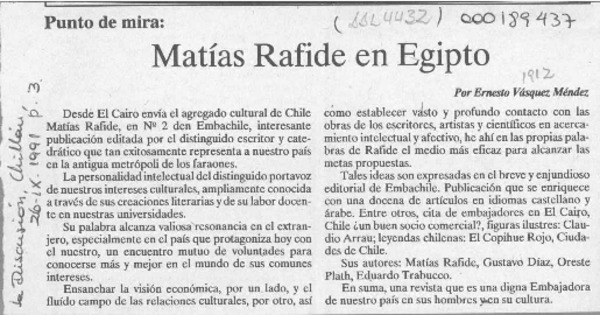 Matías Rafide en Egipto  [artículo] Ernesto Vásquez Méndez.