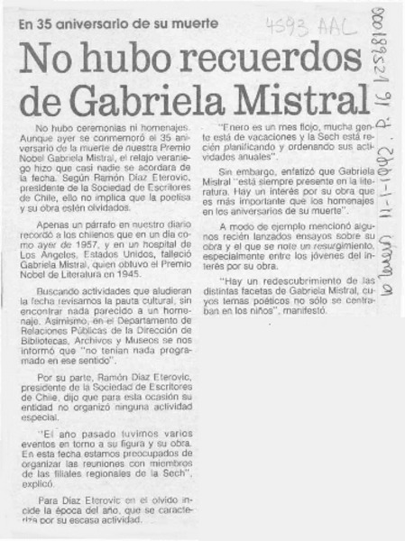 No hubo recuerdos de Gabriela Mistral  [artículo].
