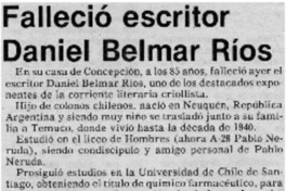 Falleció escritor Daniel Belmar Ríos