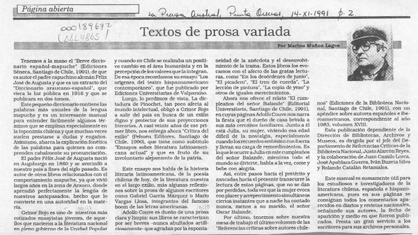 Textos de prosa variada  [artículo] Marino Muñoz Lagos.