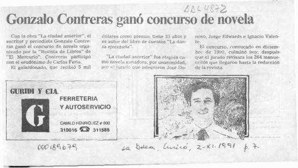 Gonzalo Contreras ganó concurso de novela  [artículo].