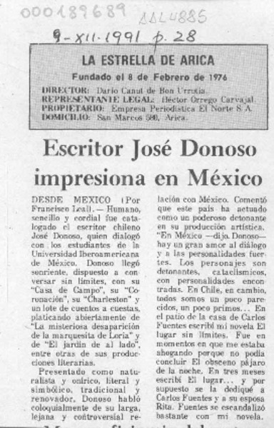 Escritor José Donoso impresiona en México  [artículo] Francisco Leal.