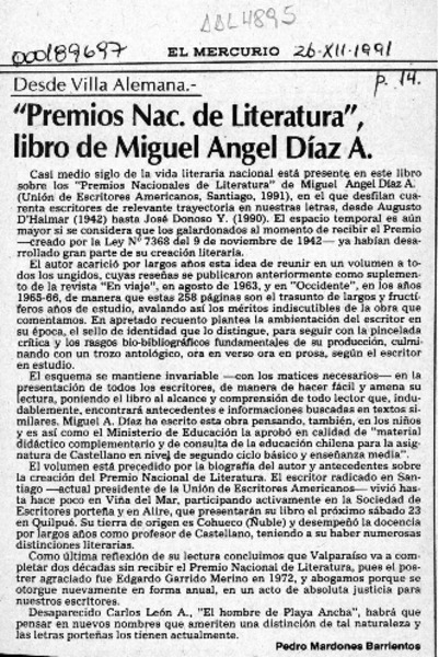 "Premios Nac. de literatura", libro de Miguel Angel Díaz A.  [artículo] Pedro Mardones Barrientos.