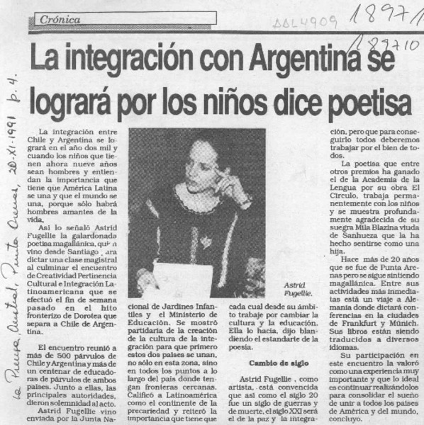 La Integración con Argentina se logrará por los niños dice poetisa  [artículo].