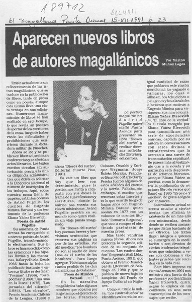 Aparecen nuevos libros de autores magallánicos  [artículo] Marino Muñoz Lagos.