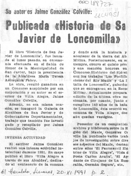 Publicada "Historia de San Javier de Loncomilla"