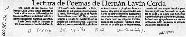Lectura de poemas de Hernán Lavín Cerda  [artículo]