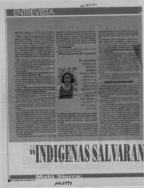 "Indígenas salvarán nuestra sociedad"  [artículo] Inés María Cardone.