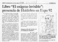 Libro "El oxígeno invisible", presencia de Huidobro en Expo 92  [artículo].