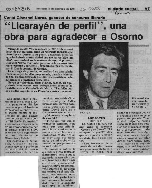 "Licarayén de perfil", una obra para agradecer a Osorno  [artículo].