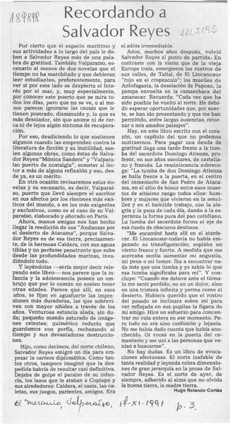 Recordando a Salvador Reyes  [artículo] Hugo Rolando Cortés.