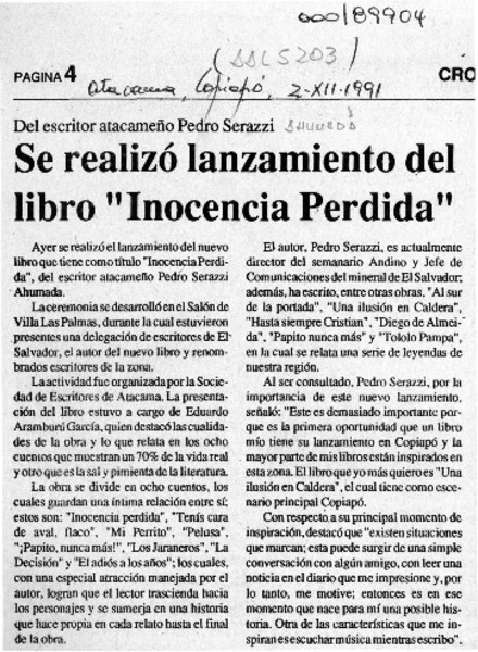 Se realizó lanzamiento del libro "Inocencia perdida"  [artículo].