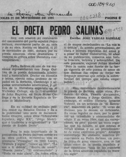 El poeta Pedro Salinas  [artículo] José Vargas Badilla.