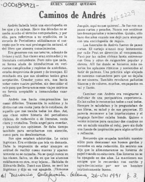Caminos de Andrés  [artículo] Rubén Gómez Quezada.