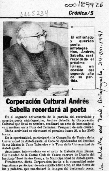 Corporación cultural Andrés Sabella recordará al poeta  [artículo].