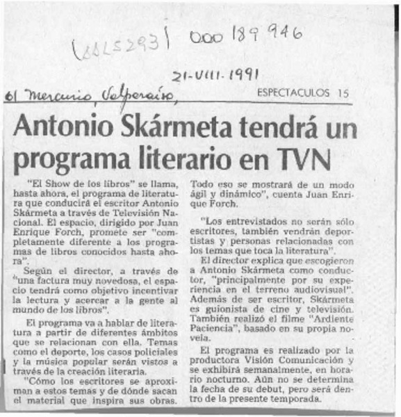 Antonio Skármeta tendrá un programa literario en TVN  [artículo].