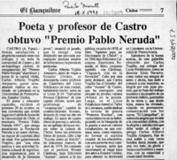 Poeta y profesor de Castro obtuvo "Premio Pablo Neruda"  [artículo] A. Yurac.