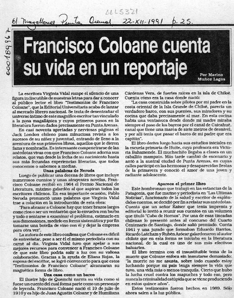 Francisco Coloane cuenta su vida en un reportaje