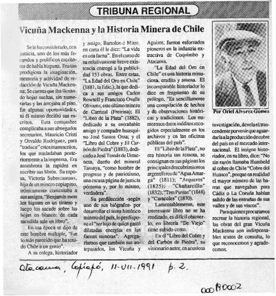 Vicuña Mackenna y la historia minera de Chile  [artículo] Oriel Alvarez Gómez.