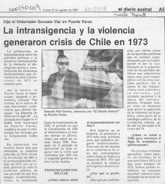 La intransigencia y la violencia generaron crisis de Chile en 1973  [artículo].