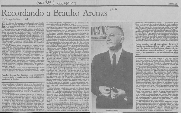 Recordando a Braulio Arenas  [artículo] Enrique Molleto.