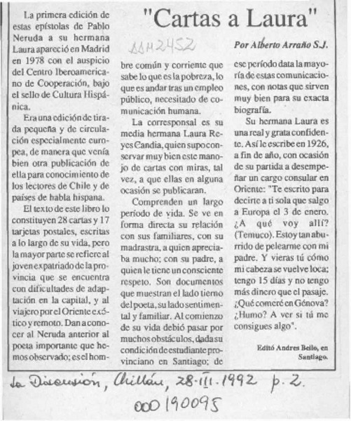 "Cartas a Laura"  [artículo] Alberto Arraño.