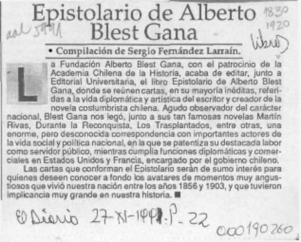 Epistolario de Alberto Blest Gana  [artículo].