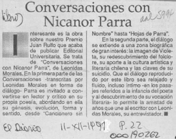 Conversaciones con Nicanor Parra  [artículo].