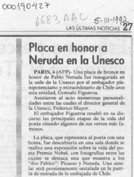 Placa en honor a Neruda en la Unesco