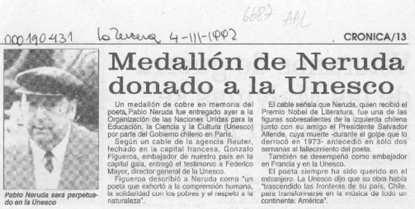Medallón de Neruda donado a la Unesco  [artículo].