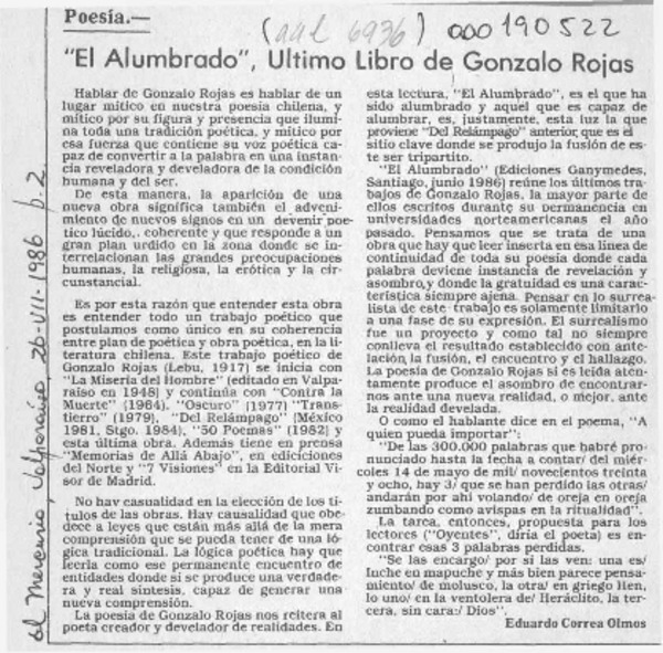 "El Alumbrado", último libro de Gonzalo Rojas  [artículo] Eduardo Correa Olmos.