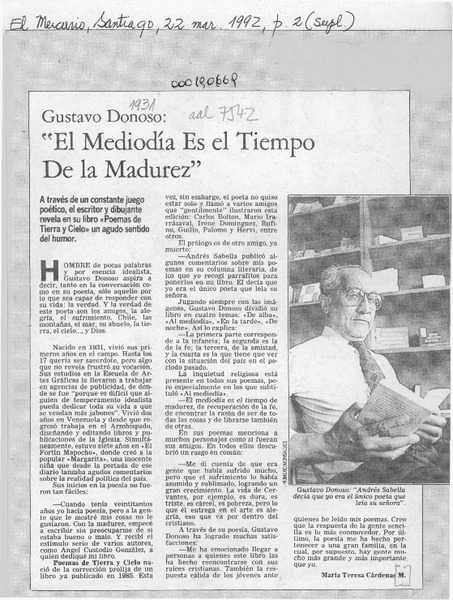 Gustavo Donoso, "El mediodía es el tiempo de la madurez"  [artículo] María Teresa Cárdenas M.