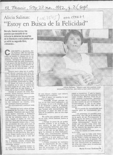 Alicia Salinas, "Estoy en busca de la felicidad"  [artículo] María Teresa Cárdenas M.