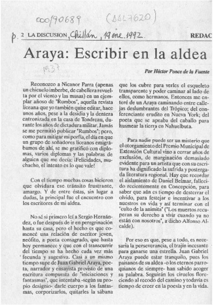 Araya, escribir en la aldea  [artículo] Héctor Ponce de la Fuente.