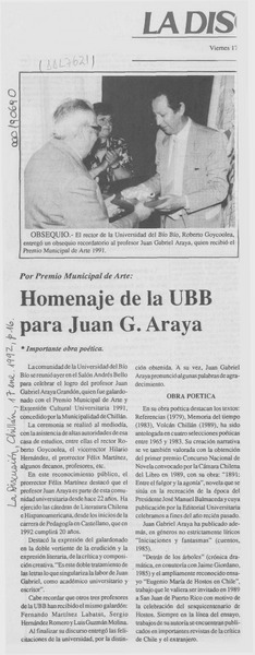 Homenaje de la UBB para Juan G. Araya