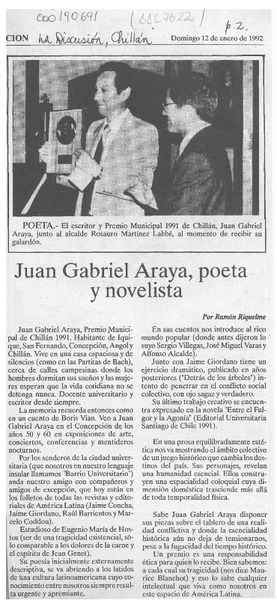 Juan Gabriel Araya, poeta y novelista  [artículo] Ramón Riquelme.