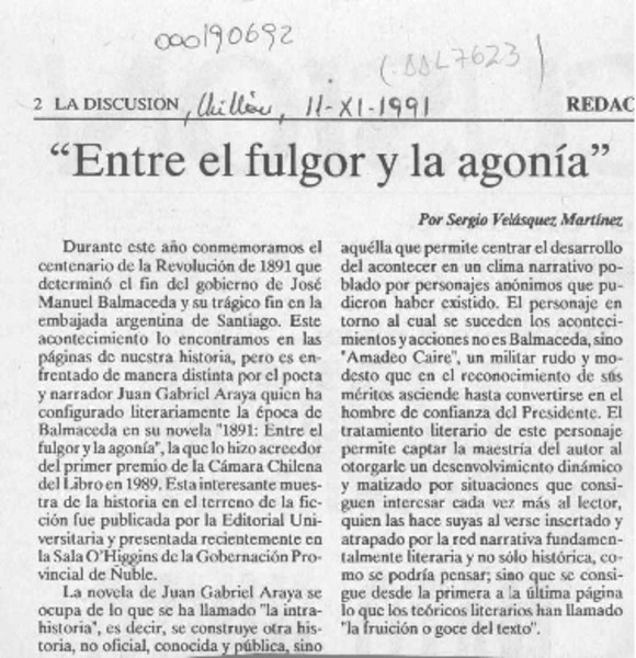 "Entre el fulgor y la agonía"  [artículo] Sergio Velásquez Martínez.