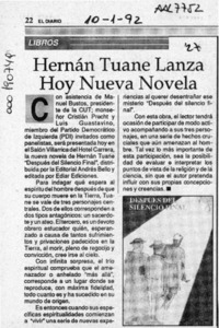 Hernán Tuane lanza hoy nueva novela  [artículo].