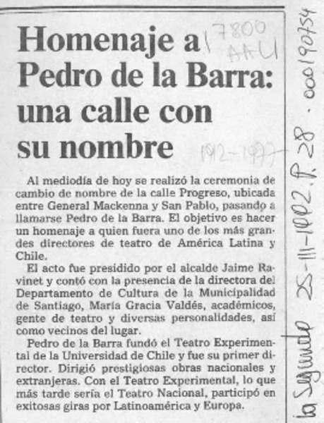 Homenaje a Pedro de la Barra, una calle con su nombre  [artículo].