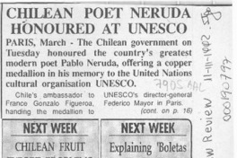 Chilean Poet Neruda honoured at Unesco  [artículo].