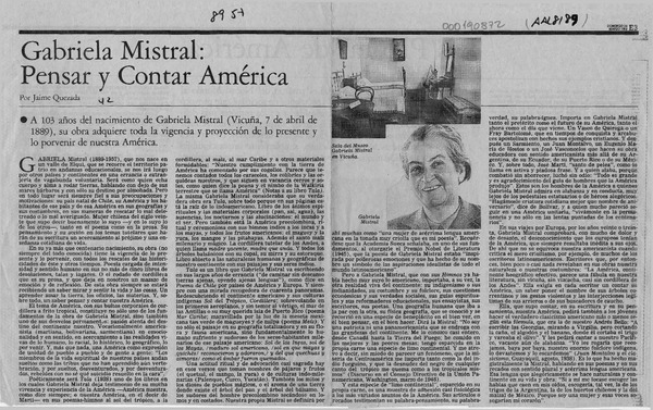 Gabriela Mistral, pensar y contar América  [artículo] Jaime Quezada.
