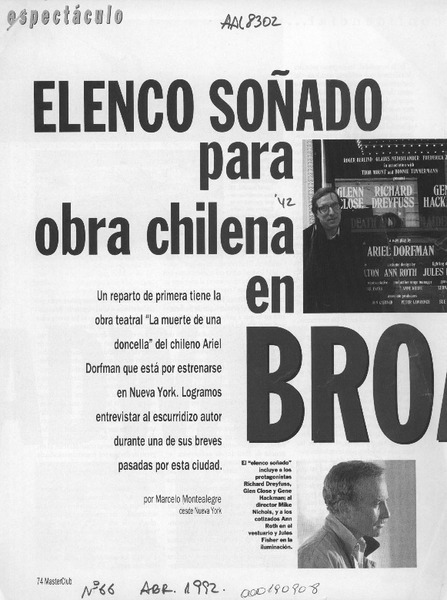 Elenco soñado para obra chilena en Broadway  [artículo] Marcelo Montealegre.