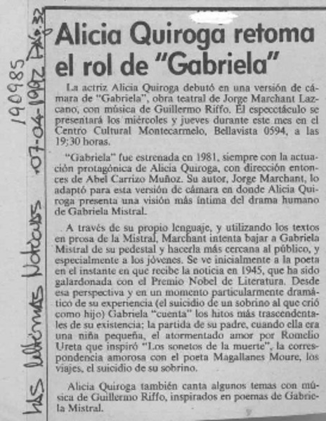Alicia Quiroga retoma el rol de "Gabriela"  [artículo].