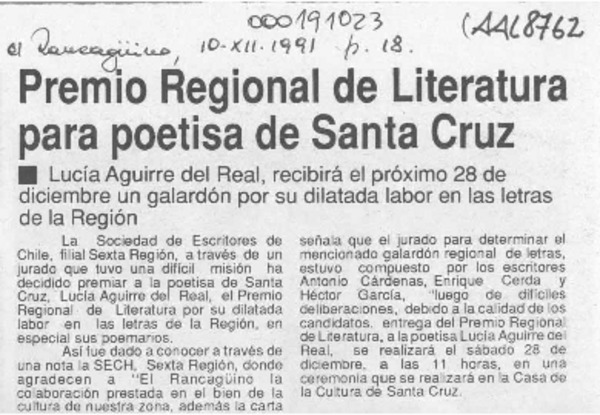 Premio regional de literatura para poetisa de Santa Cruz  [artículo].
