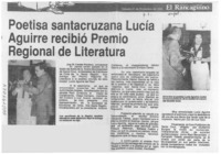 Poetisa santacruzana Lucía Aguirre recibió premio regional de literatura  [artículo] José M. Catalán Martínez.