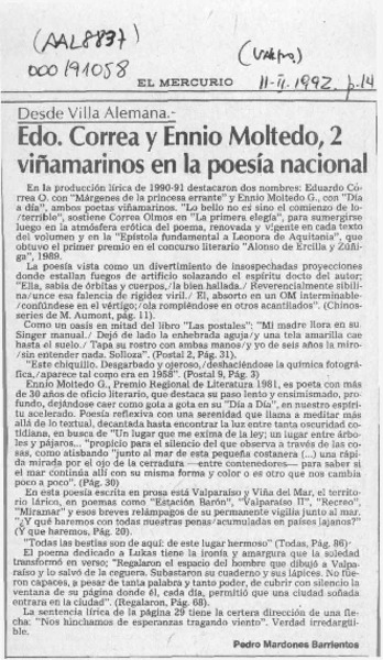 Edo. Correa y Ennio Moltedo, 2 viñamarinos en la poesía nacional  [artículo] Pedro Mardones Barrientos.
