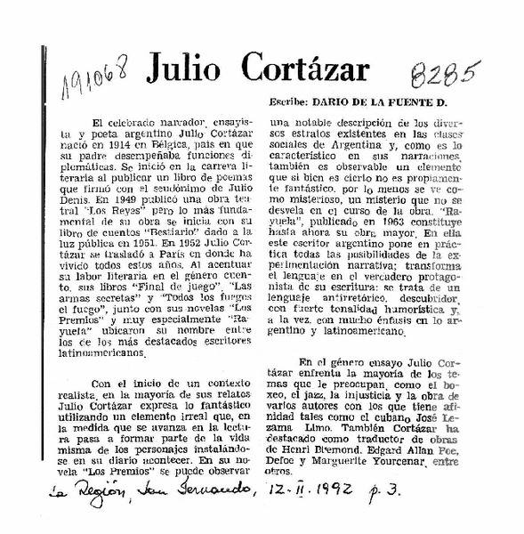 Julio Cortázar  [artículo] Darío de la Fuente D.